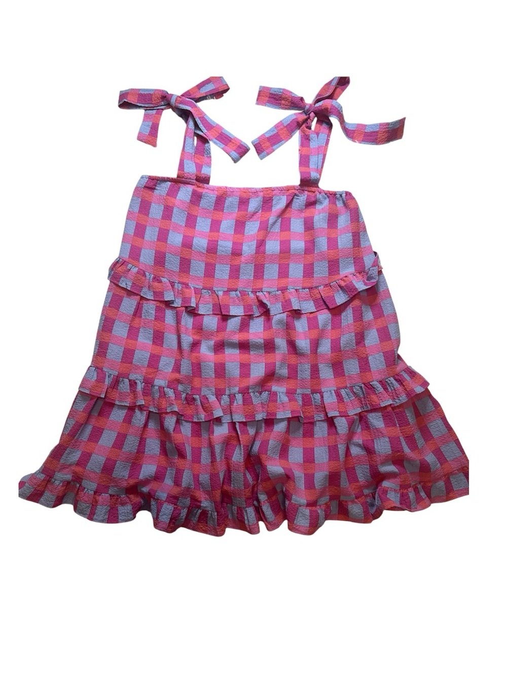 Buddy Love Kaia Pink Purple Gingham Tie Shoulder Ruffle Mini Dress Medium